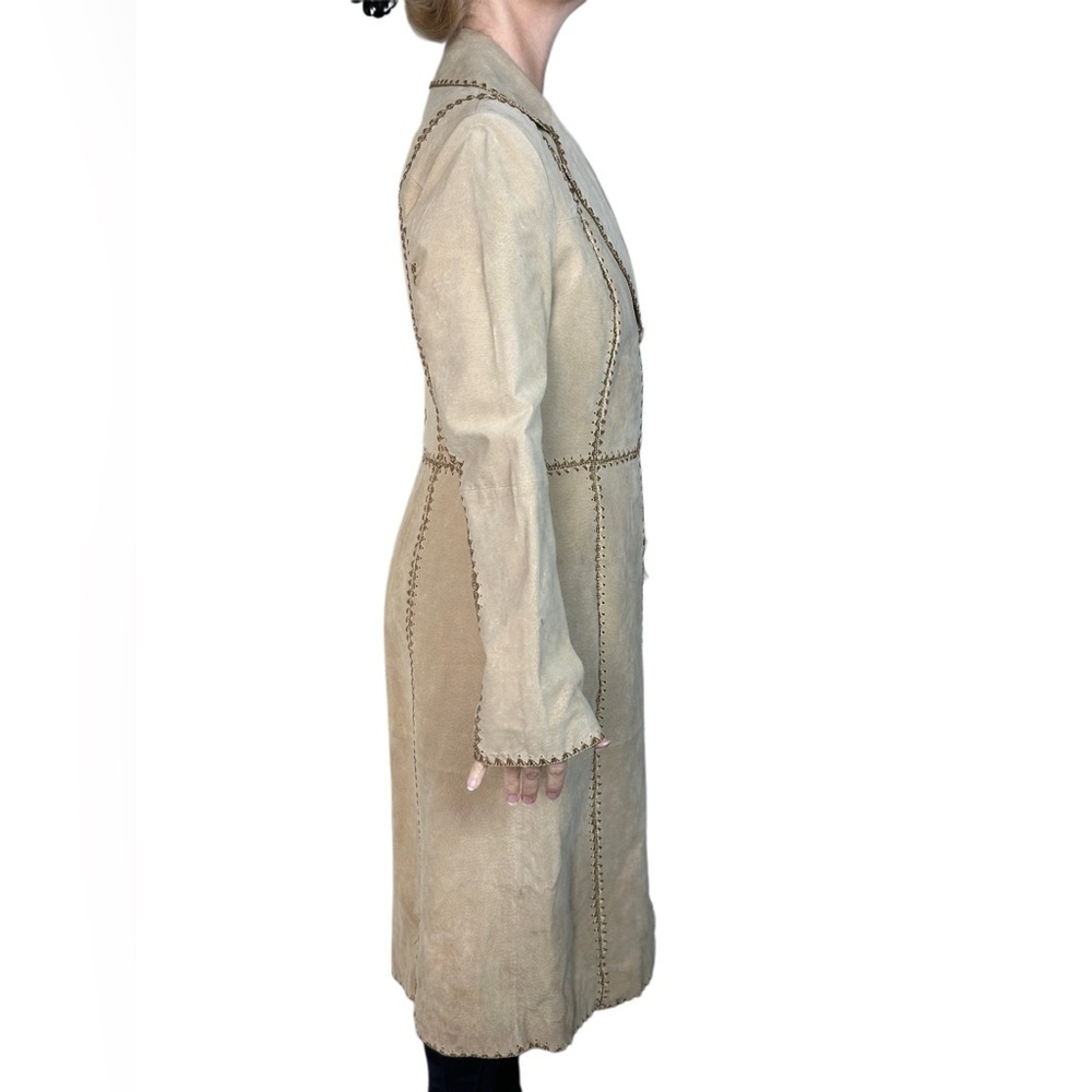 60’s SUEDE PATCHWORK Stylish Beige Women's Trench Coat like new beautiful Size L - Picture 6 of 13